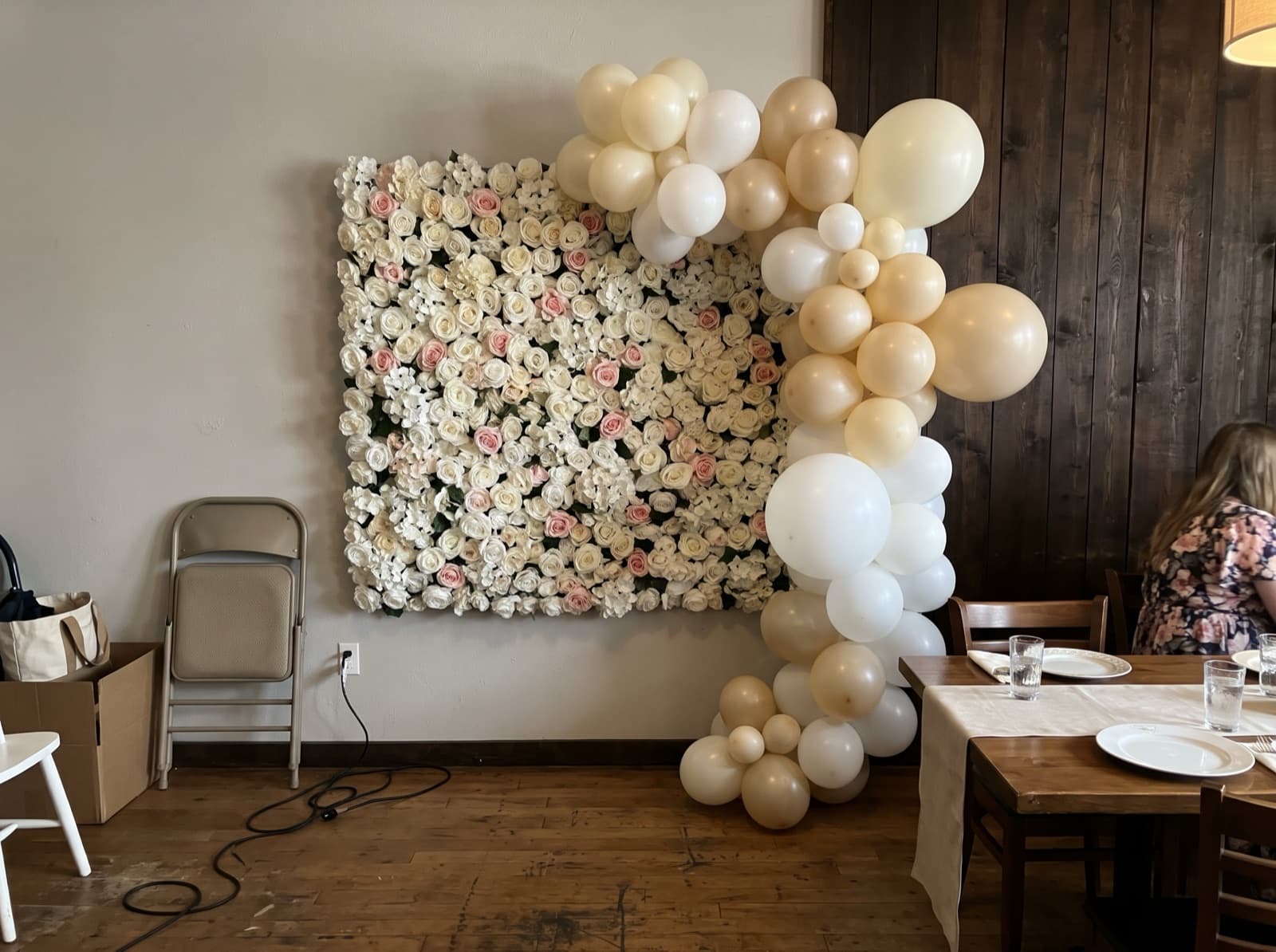Flower wall backdrop with ivory balloons