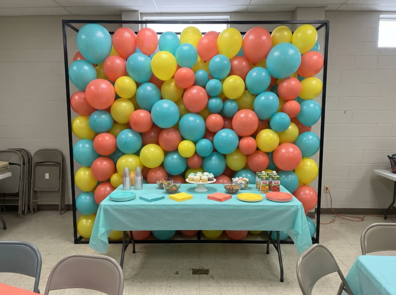 Square framed balloon wall in bright colors