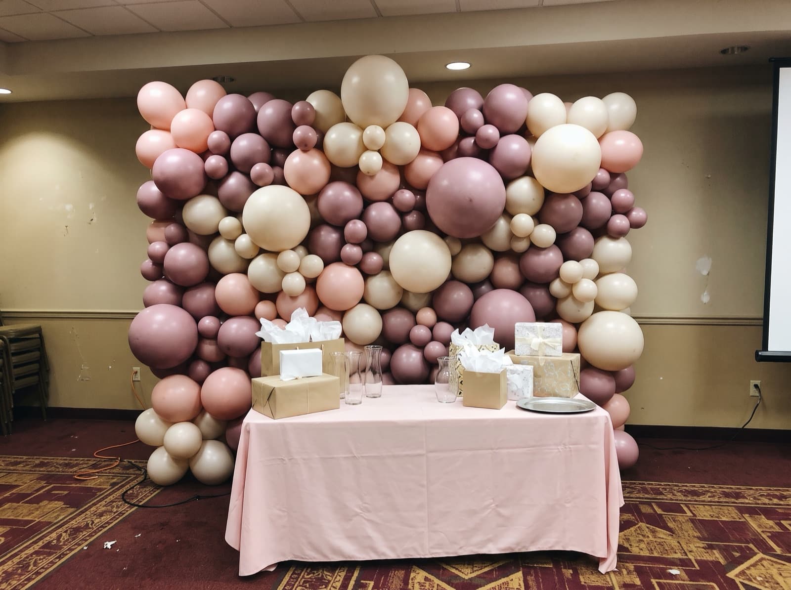 Organic balloon wall in blush, mauve and ivory